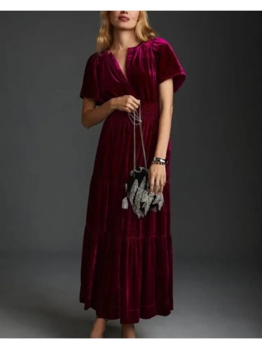 Bohme Velvet Tiered Maxi Dress V-Neck Flutter Sleeve Burgundy Medium